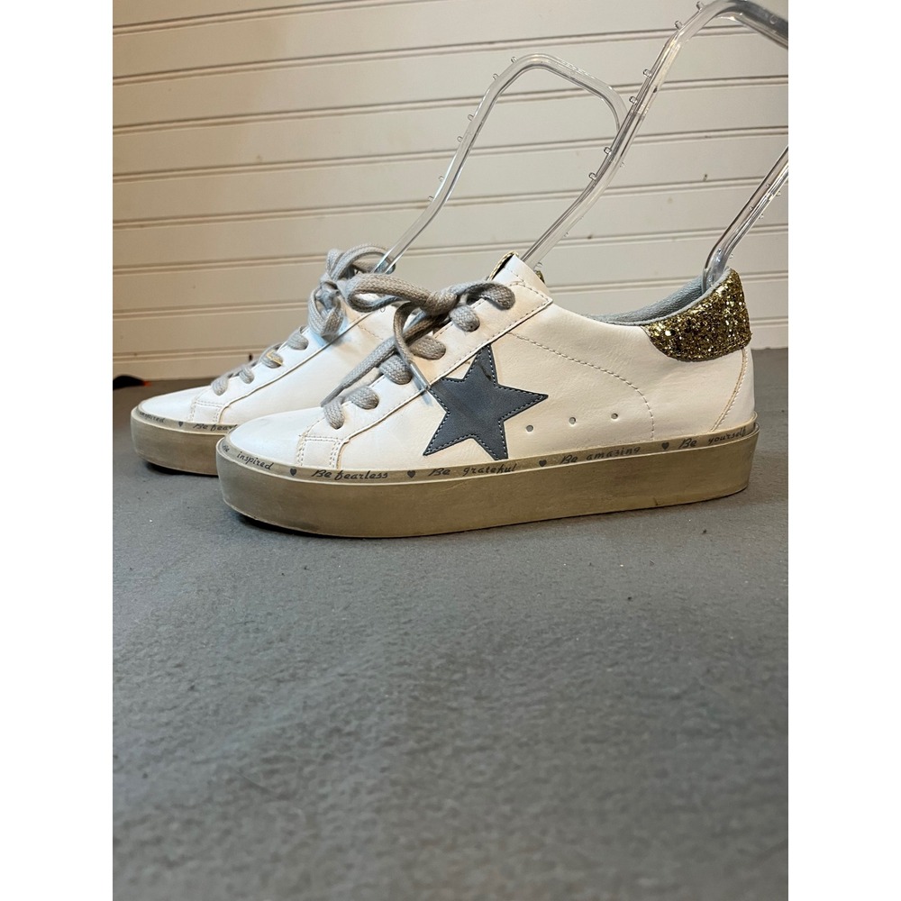 Shu Shop Womens 7.5 Reba Sneaker Synthetic Platform White Gold Glitter Star